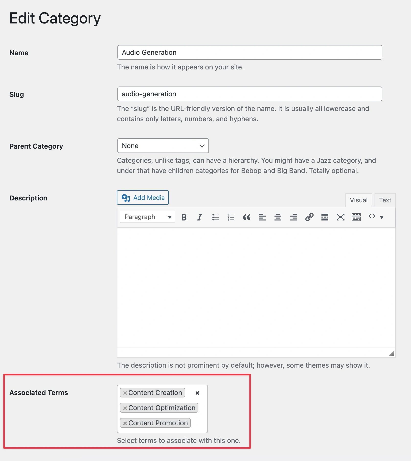 Associated Taxonomies Settings