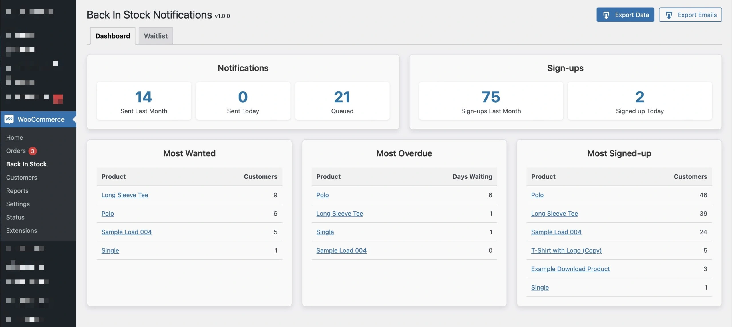 Back in Stock Notifications for WooCommerce® Dashboard