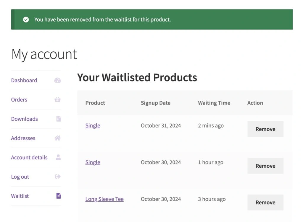 Back In Stock Notifications for WooCommerce® Waitlist products list