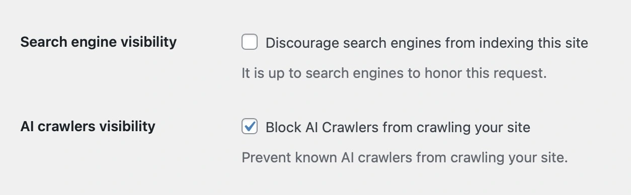 AI crawlers visibility - settings screen for the Block AI Crawlers plugin