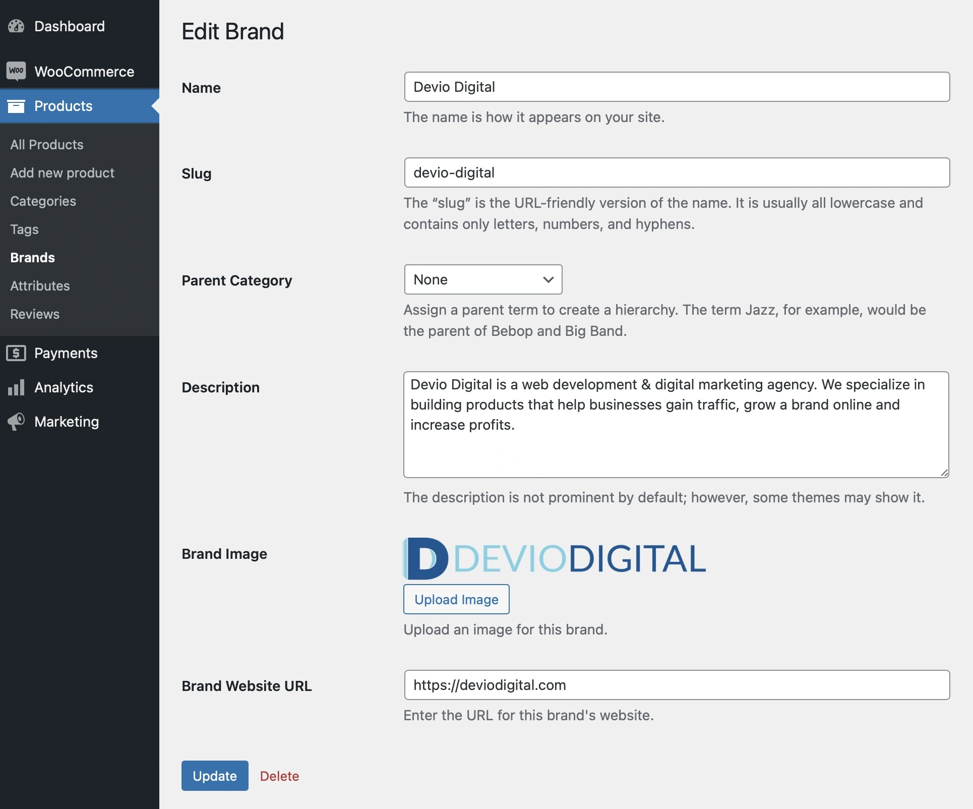 Brands for WooCommerce® \(free\) - Edit Brand admin screen