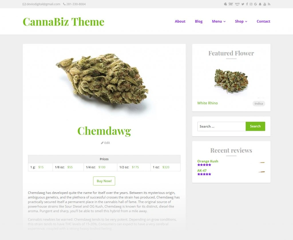 CannaBiz WordPress theme - WP Dispensary menu item display