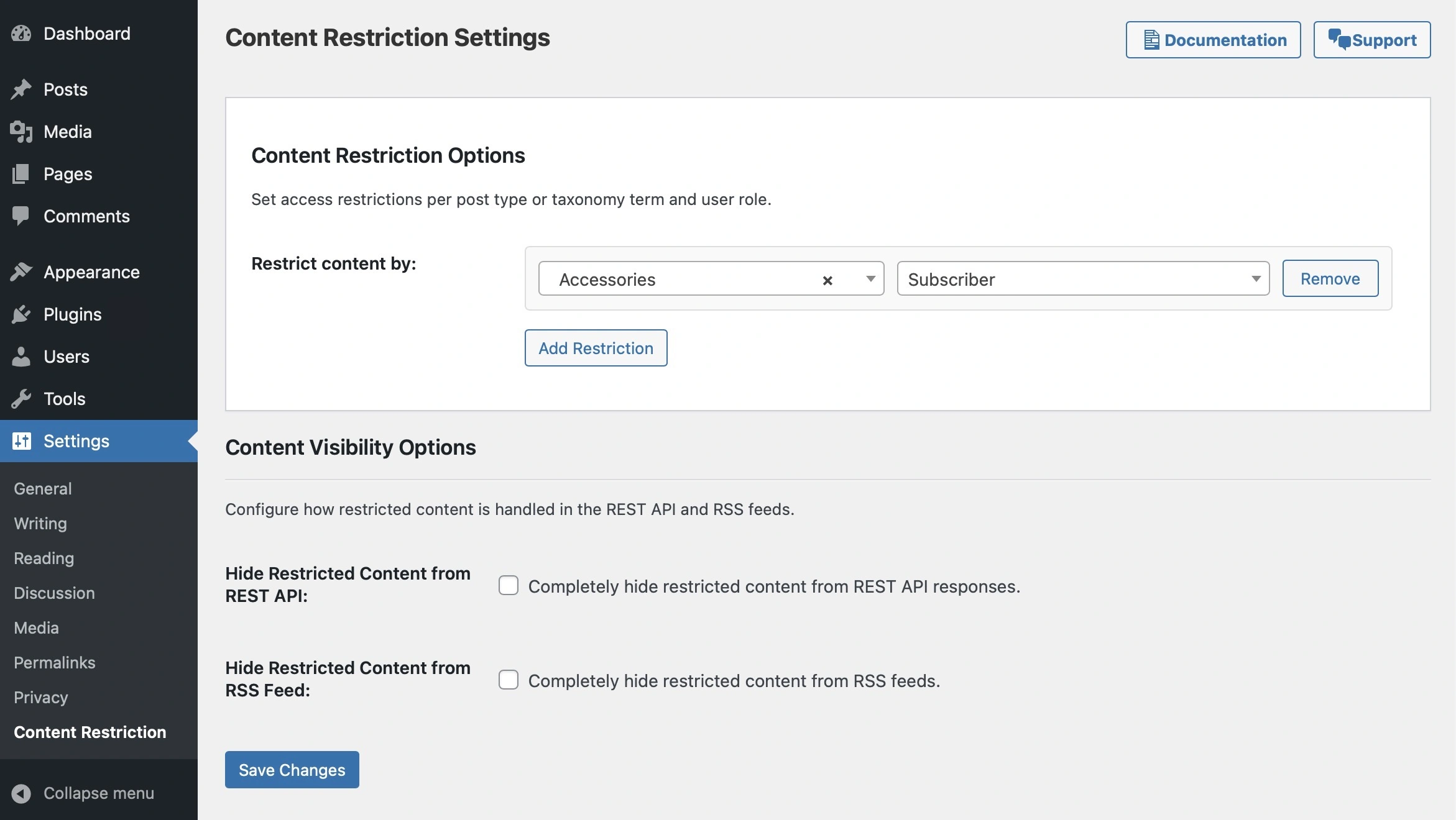 Content Restriction for WordPress® plugin settings screen