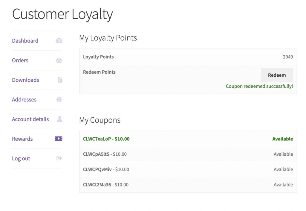 Customer Loyalty and Rewards for WooCommerce® - My Account - Rewards tab
