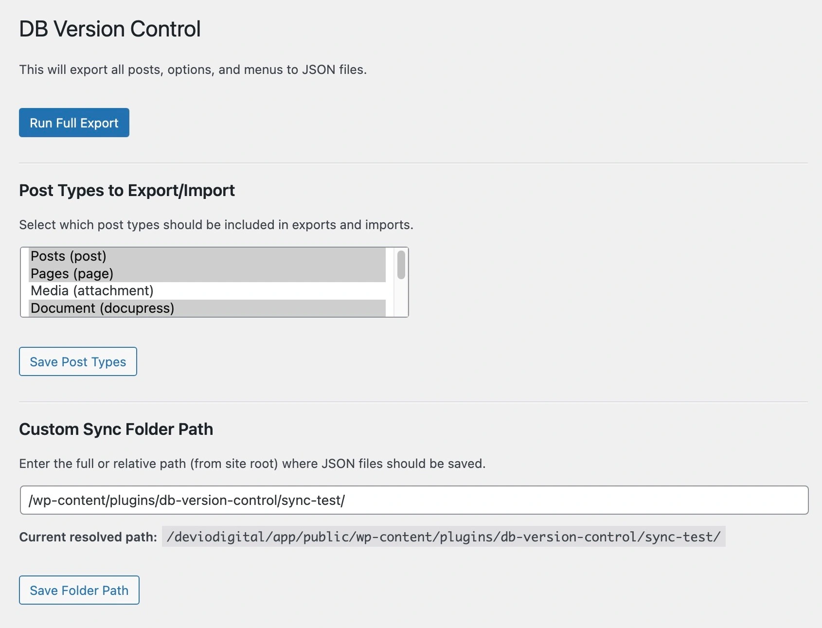 DB Version Control settings page