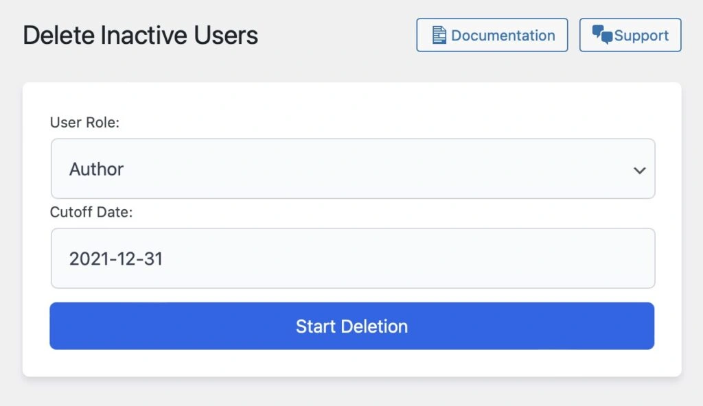 Delete Inactive Users - Settings page screenshot