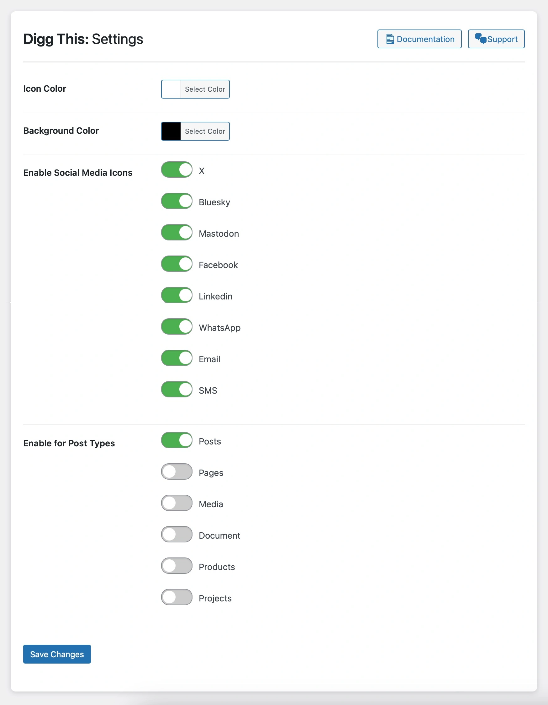 Digg This - Settings screenshot