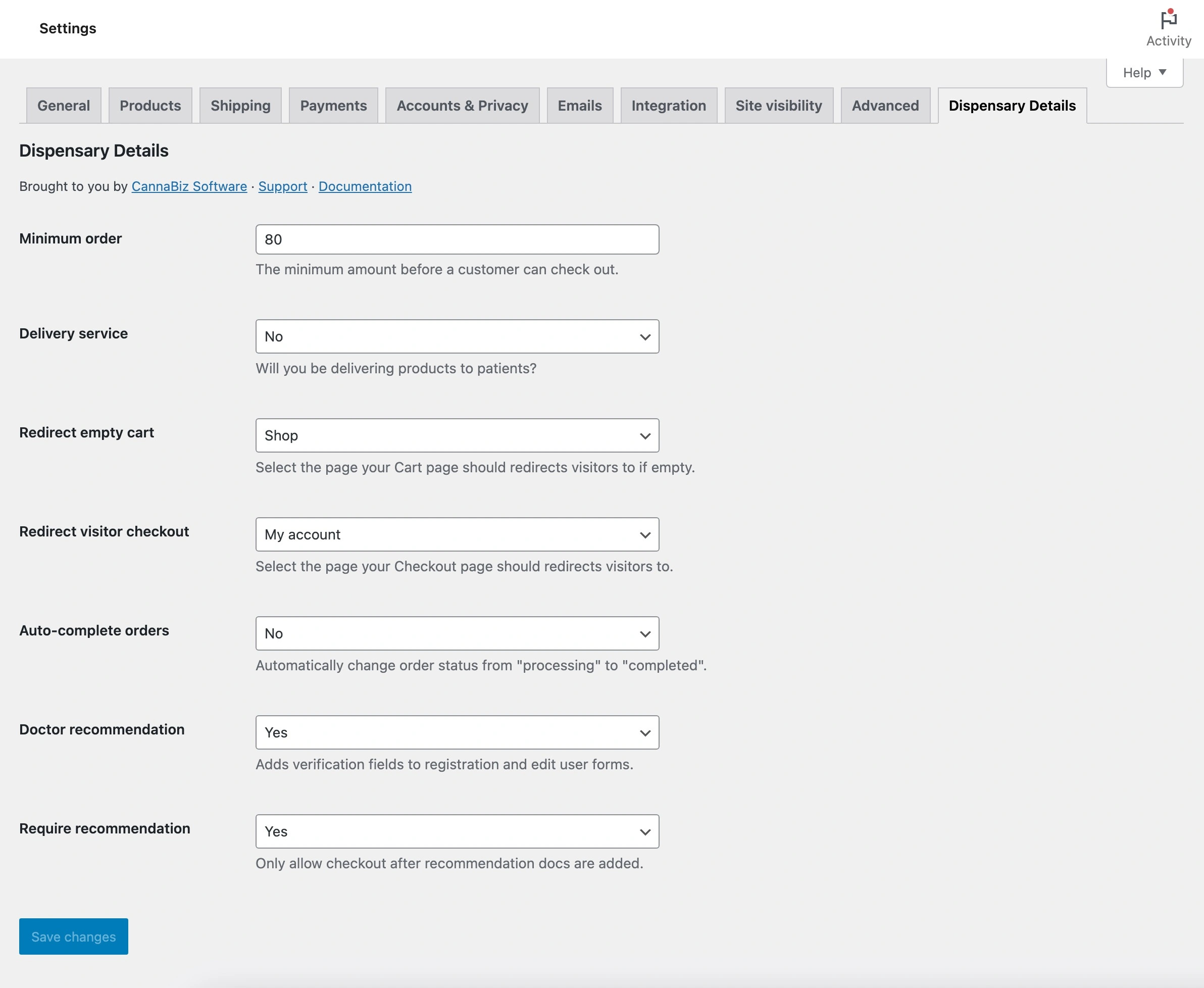 Dispensary Details for WooCommerce® Settings screenshot