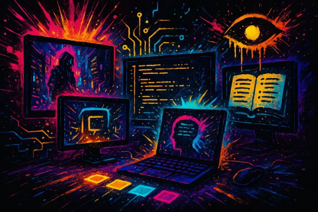 A high-focus digital workspace hums with creative activity — one screen generates a vivid cyberpunk-style image, another compiles clean, production-ready code, a third displays a strategic book summary with highlighted takeaways, and a fourth sharpens an AI's vague draft into clear, punchy writing. Each scene is powered by subtle, glowing prompt modules floating above the keyboard, symbolizing the reusable systems behind the output. The vibe is efficient, intentional, and quietly powerful — a visual metaphor for running an entire creative workflow from a few well-placed instructions.