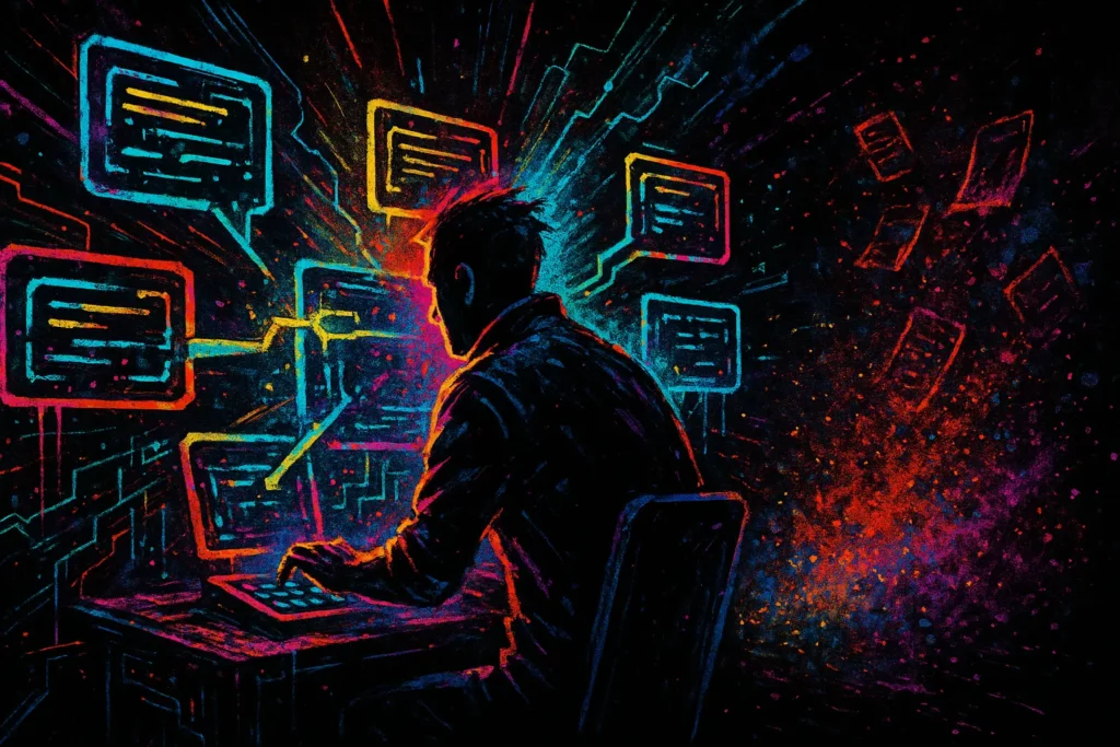 A focused builder sits at a glowing workstation, surrounded by floating, translucent prompt tools — each one refined, labeled, and ready to deploy. Instead of scattered notes or forgotten chats, these prompts are neatly organized like a mechanic’s precision-calibrated kit. A keyboard shortcut triggers one, and it clicks into place like a power tool extension. In the background, chaotic scraps of old prompts fade into dust, while a clean, efficient system hums with momentum. The visual tone is sharp, minimalist, and fast-moving — a metaphor for creators who don’t just write prompts… they wield them.