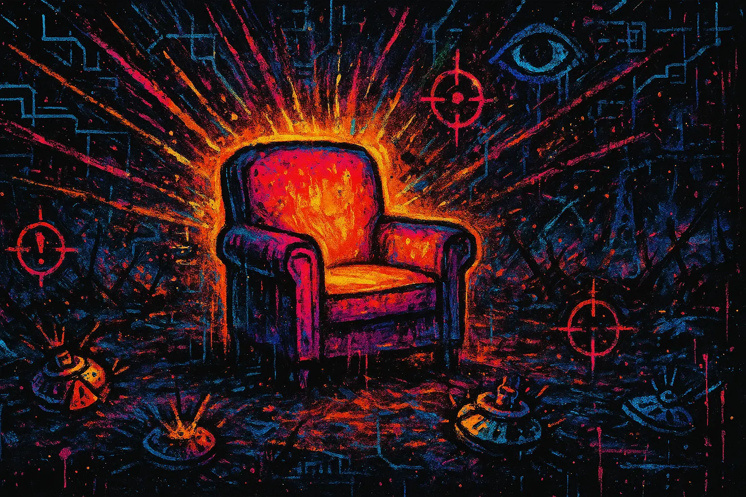 a dystopian scene where comfort is a trap — a false sense of safety surrounded by danger. Think of a cozy-looking chair or couch in the center, glowing warmly — but it's in the middle of a ruined battlefield, mines, crosshairs, or decaying systems. The comfort object should feel eerie, like bait. Use lighting to contrast false safety vs. impending chaos.