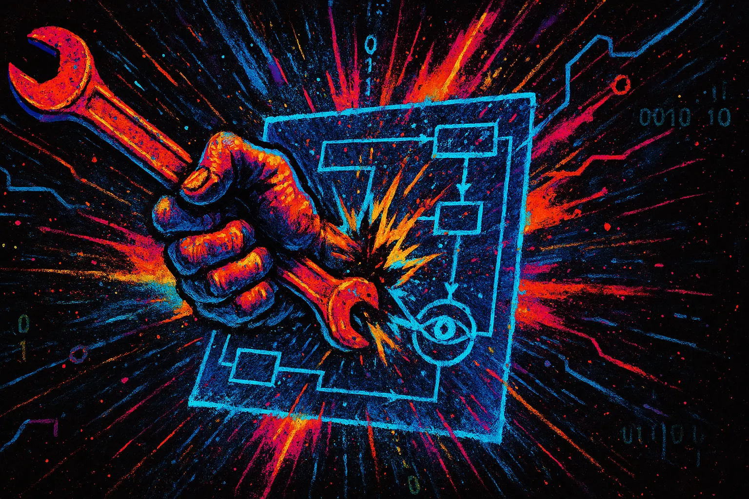 VIbrant cyberpunk graffiti style image of a hand holding a wrench bursting through a hand drawn box that looks like it is a map or workflow sheet