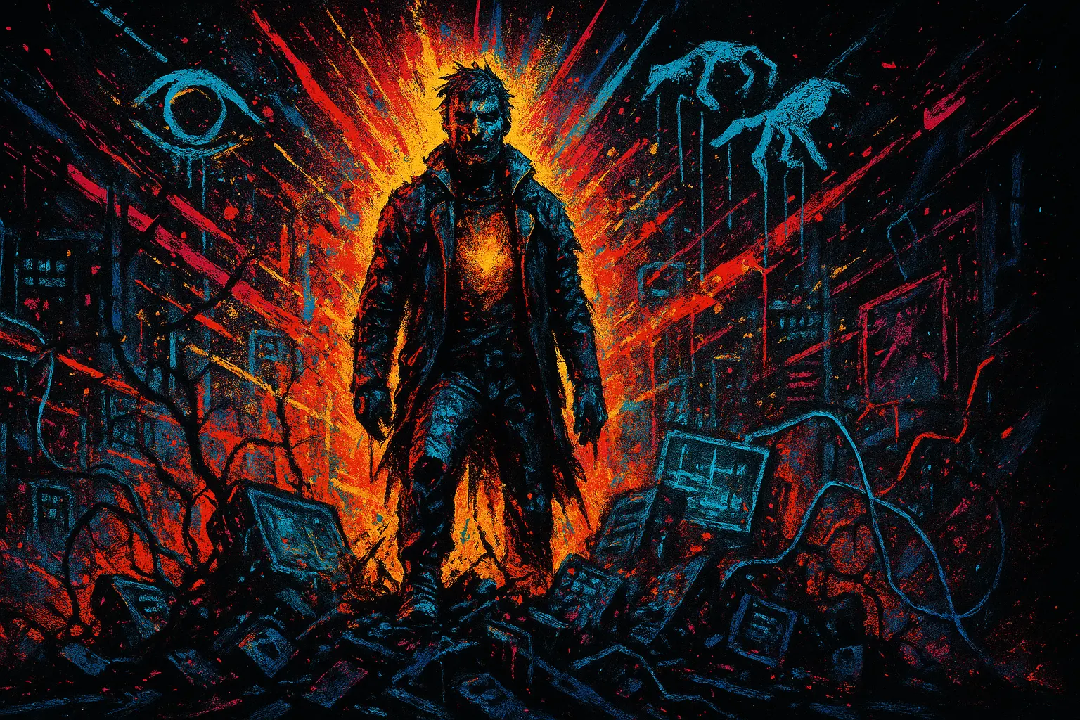 a battle-worn digital creator or rebel leader standing atop the ruins of a collapsed system — glowing faintly from within, surrounded by the debris of failed platforms, broken code, and outdated tools. The mood is victorious but solemn. This is someone who’s led, shipped, and survived.