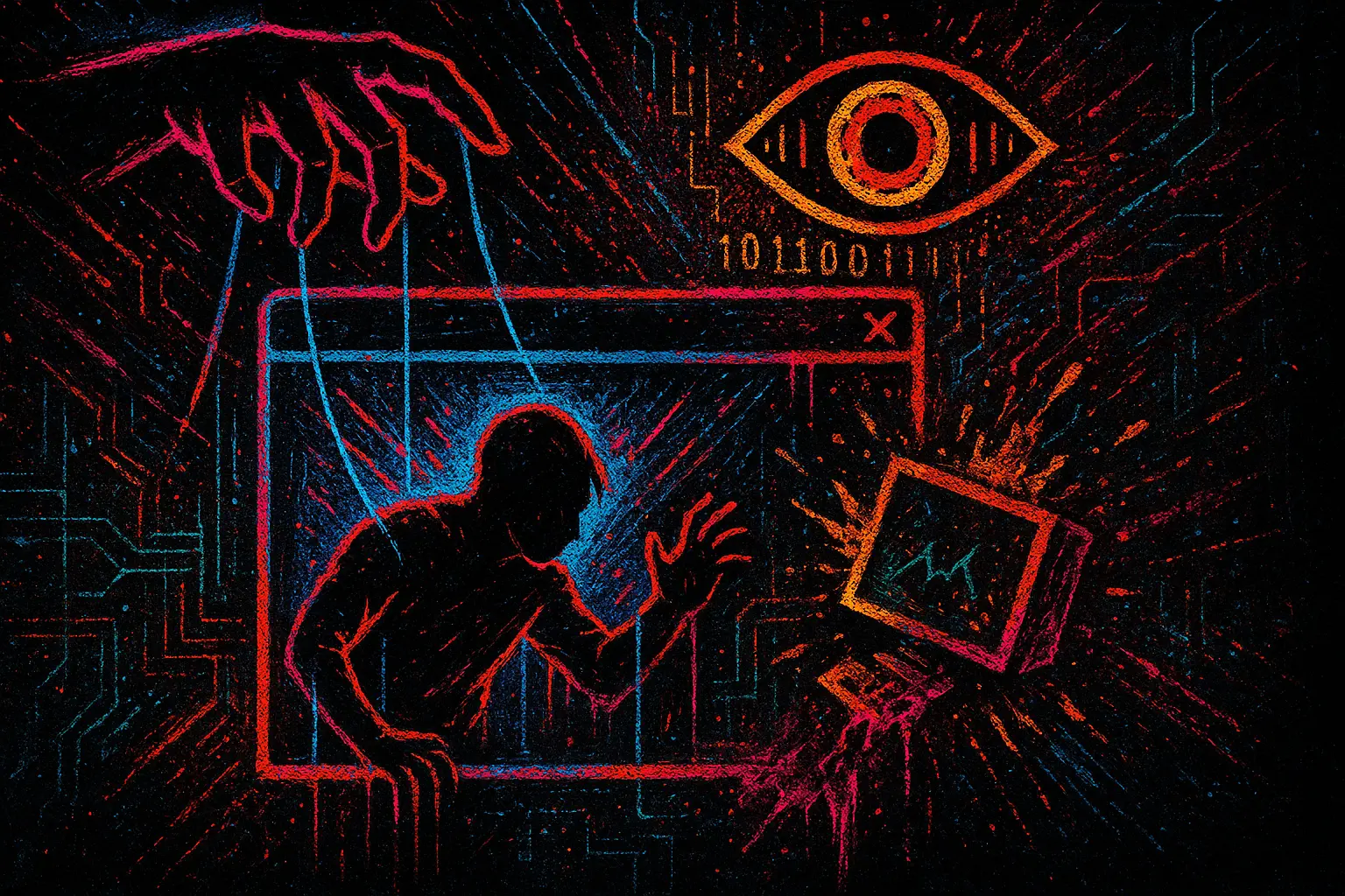 Gritty cyberpunk style image of a silhouette being controlled in front of a computer with an eye watching over everything