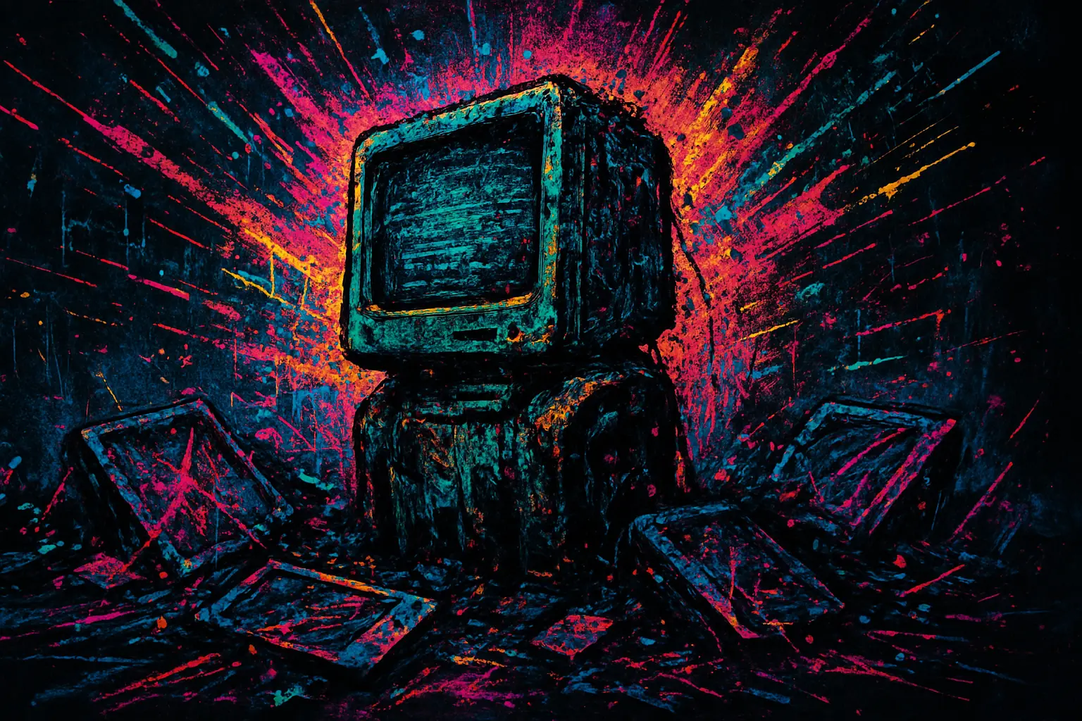 Visualize a weathered figure or object standing alone amid the ruins of glossier, broken-down machines or corporate icons. The survivor should look battered but unbroken — like an old terminal still glowing while sleek but shattered devices litter the ground. Incorporate cyberpunk decay, rust, and visual noise. Show time’s passage through erosion, glitching, or tech fossils. This is about resilience, grit, and refusing to die.