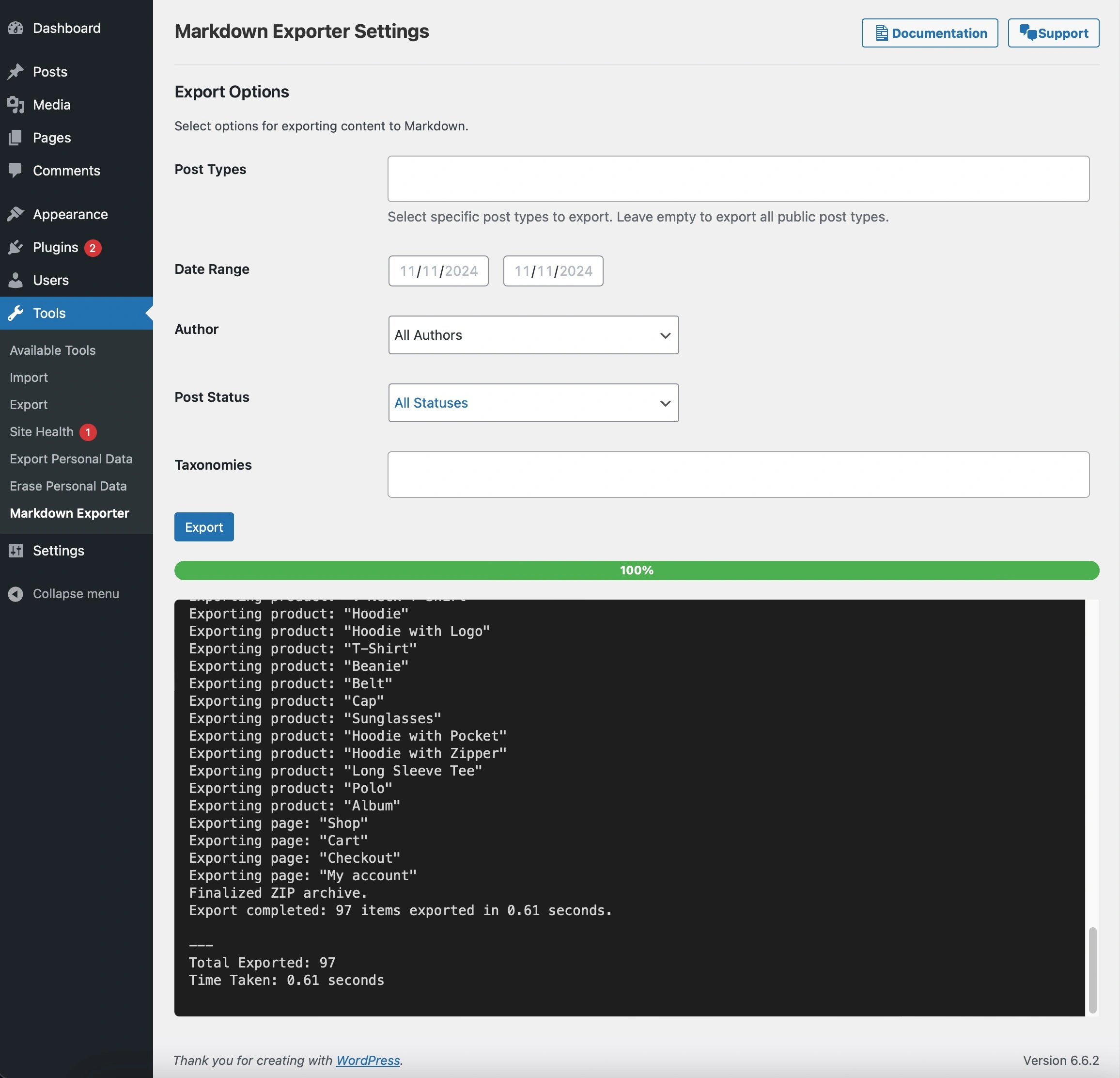 Markdown Exporter Settings Screenshot