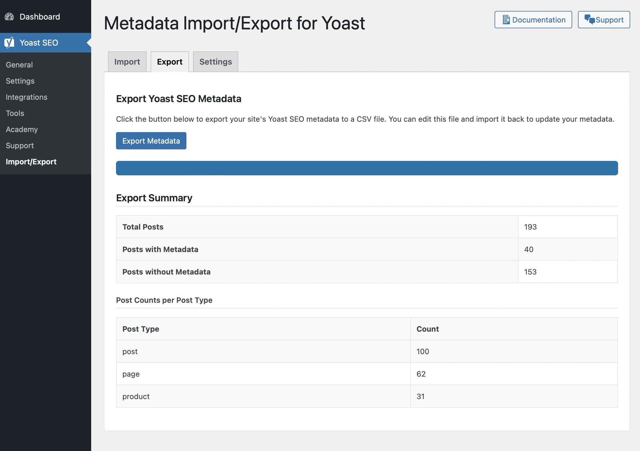 Metadata Import/Export for Yoast - Export page example