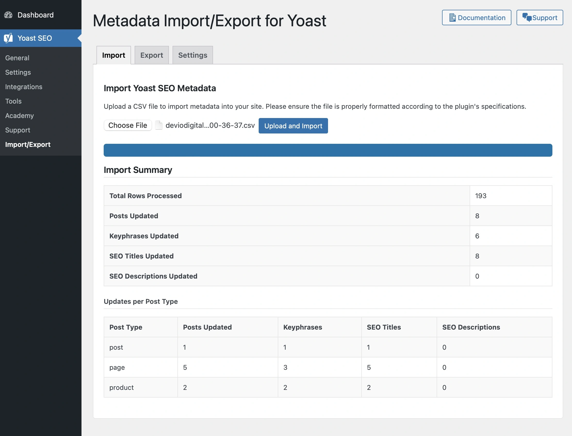Metadata Import/Export for Yoast - Import page example