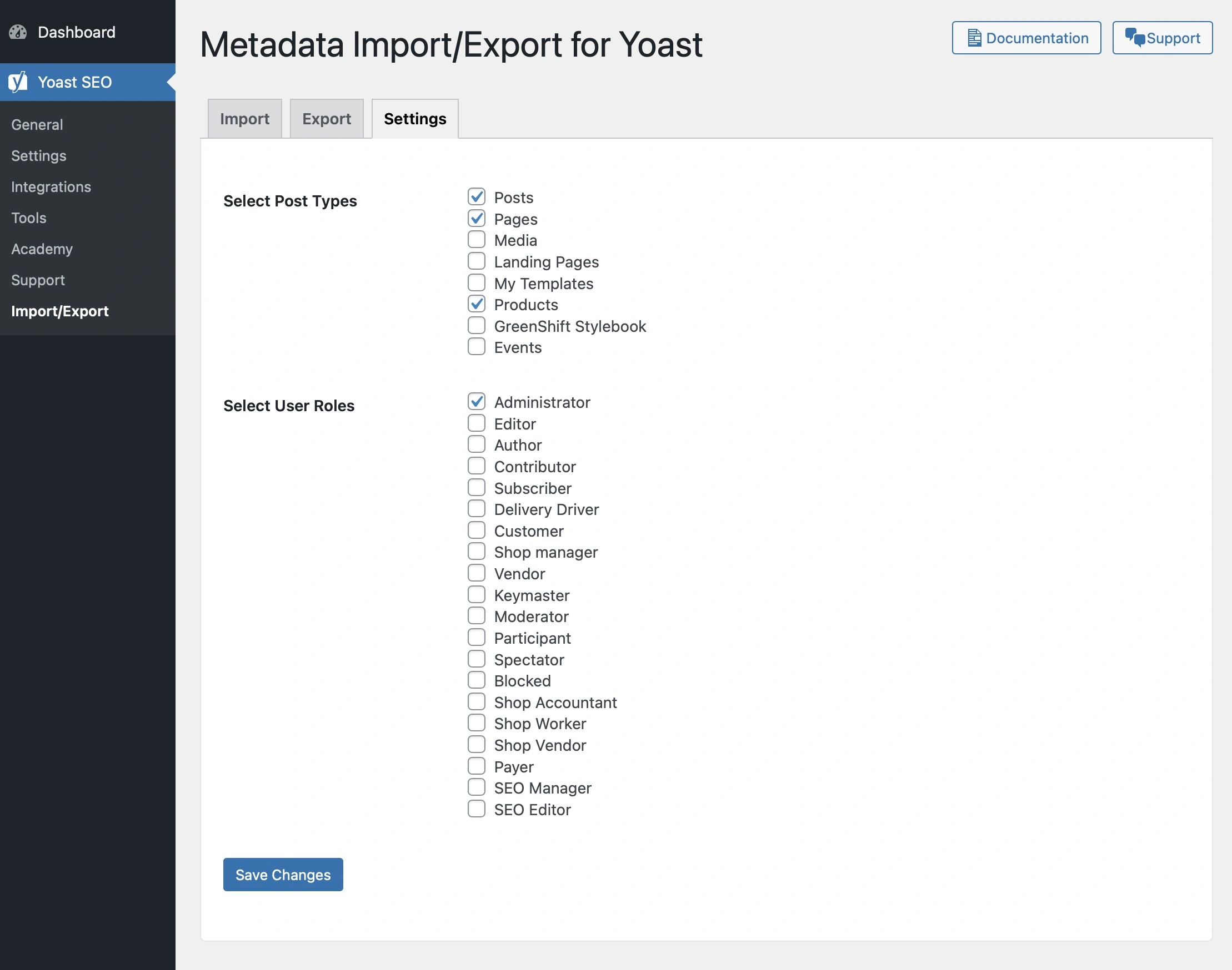 Metadata Import/Export for Yoast - Settings page example