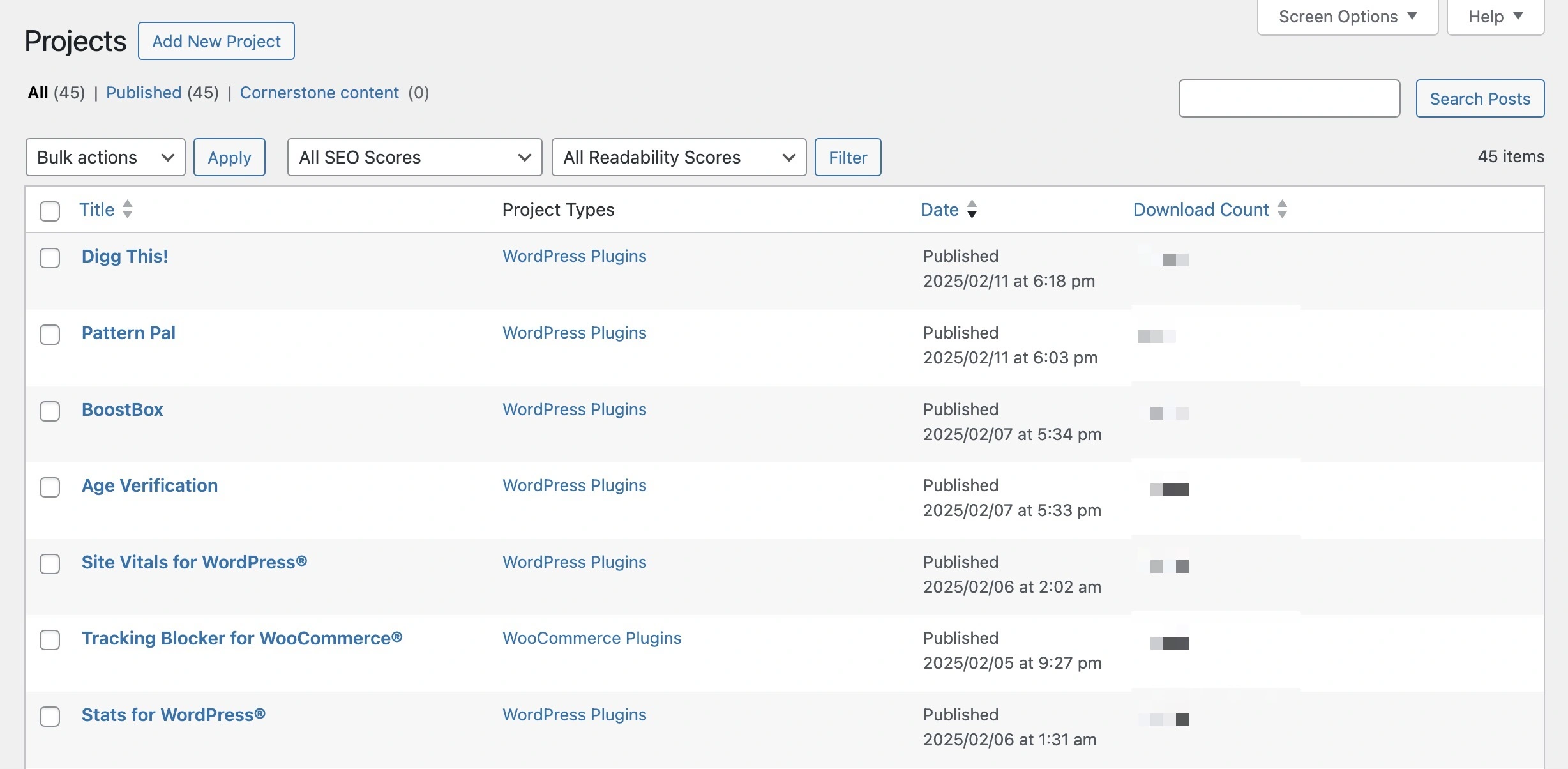 Projects for WordPress® Admin list view