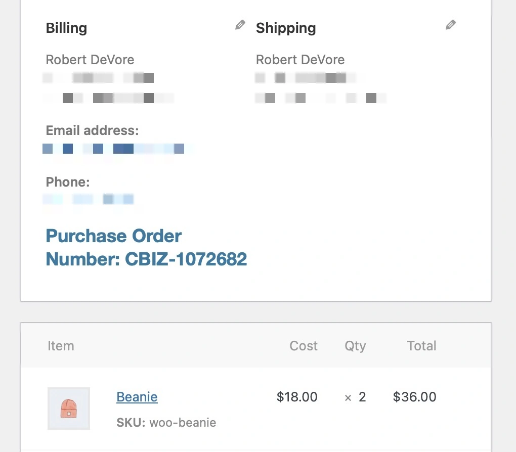 Purchase Orders for WooCommerce - Order admin page