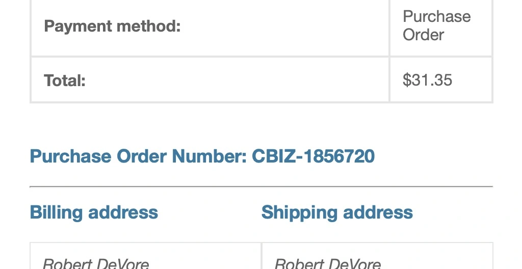Purchase Orders for WooCommerce - Order Email view