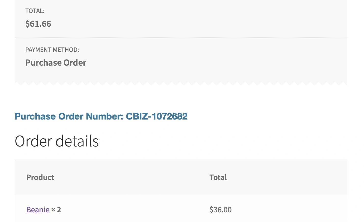 Purchase Orders for WooCommerce - Order 'thank you' page