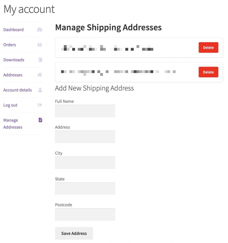 Shipping Multiple Addresses for WooCommerce® \(free\) - Manage Addresses