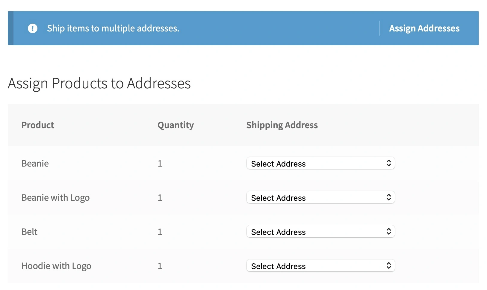 Shipping Multiple Addresses for WooCommerce® \(free\) - Checkout Assign Addresses screenshot