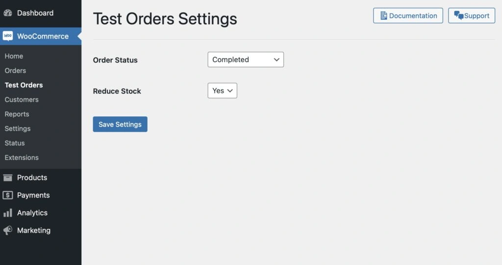 Test Orders for WooCommerce® - Settings page