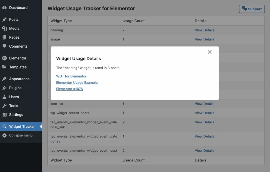 Widget Usage Tracker for Elementor modal view