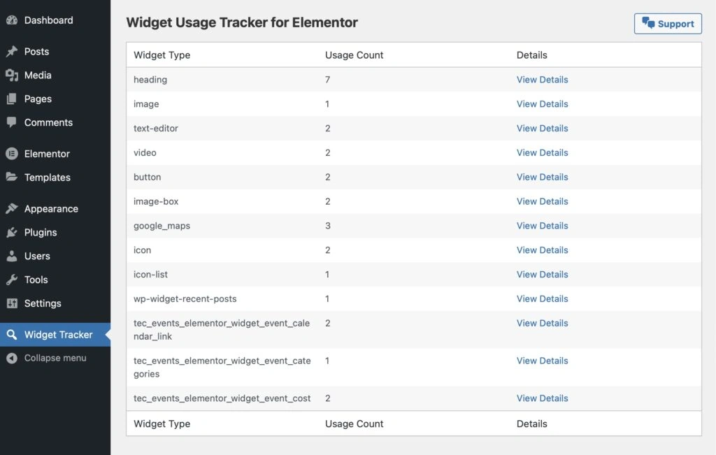 Widget Usage Tracker for Elementor