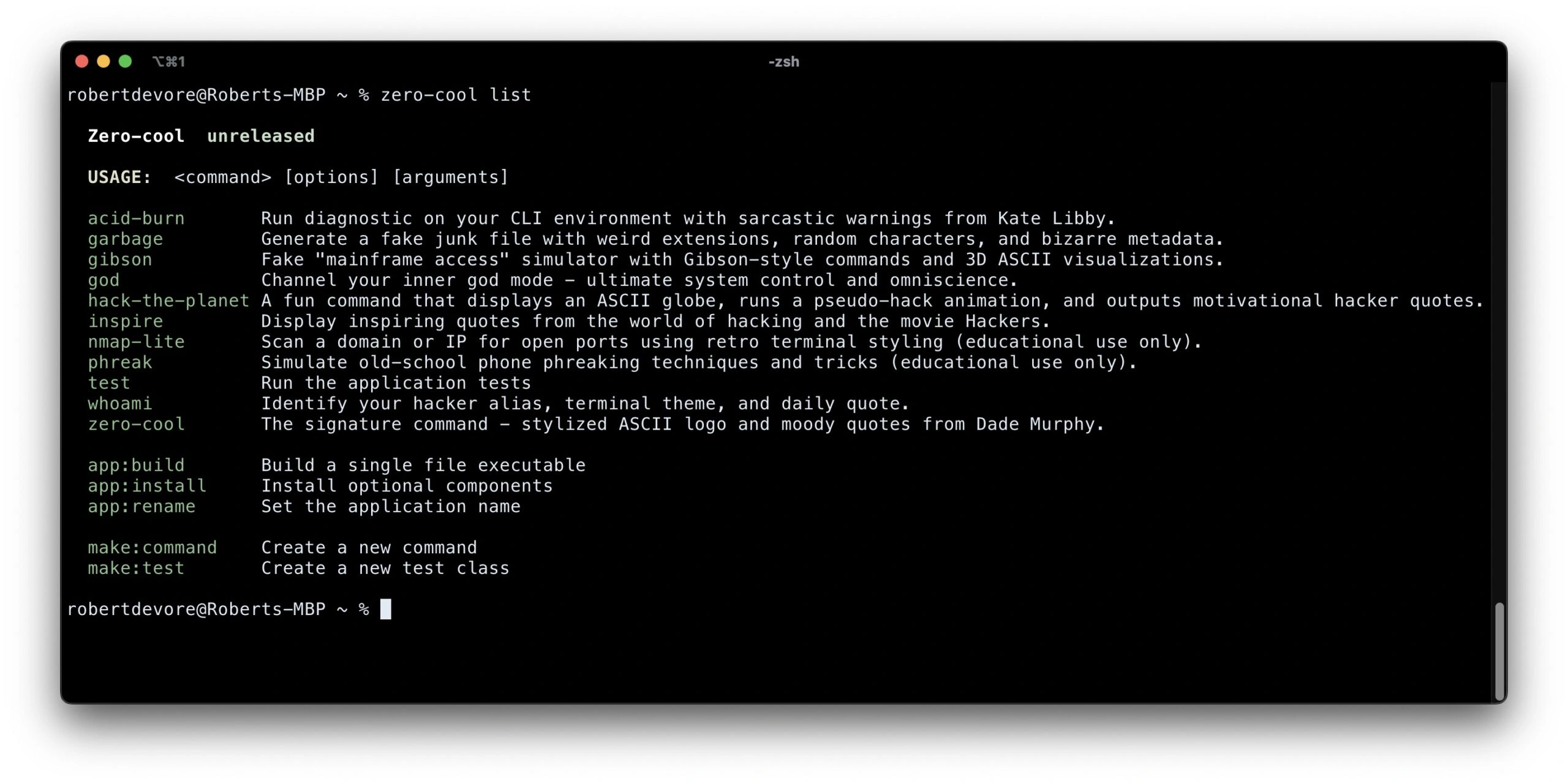 Zero Cool CLI - command list