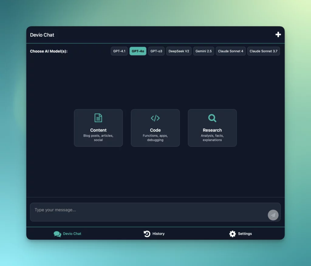 Devio Chat - AI chat app screenshot - early tease of what's coming